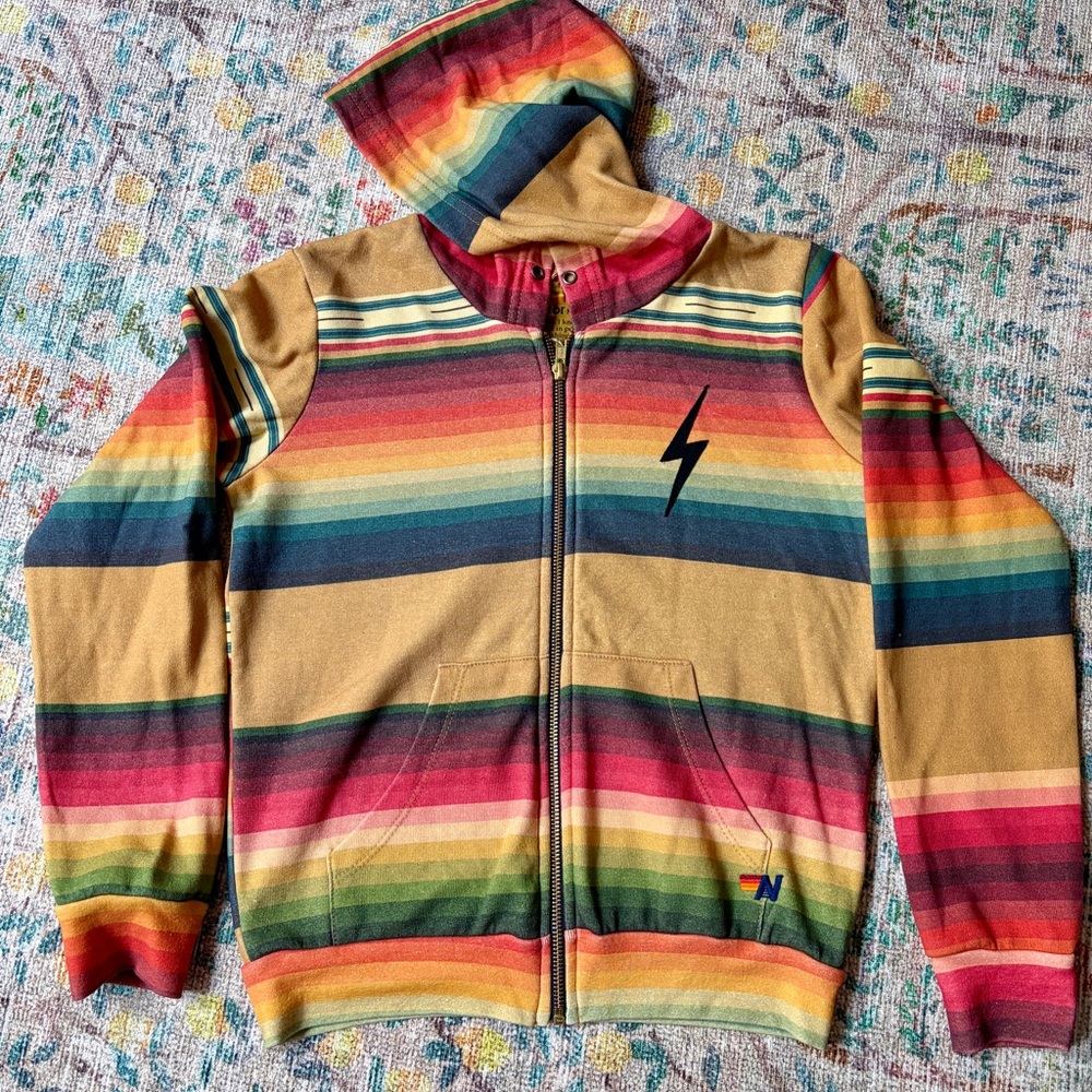 Aviator Nation Kids Size 14 Serape Tulum Rainbow Thunderbolt Zip Hoodie NWT